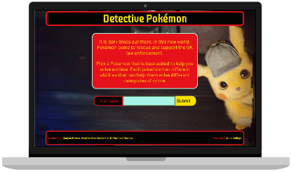 a project of mine called 'Detective Pokemon' displayed on a MacBook